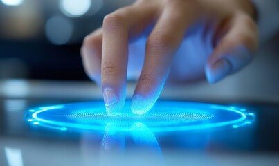 High-tech biometric fingerprint scanner with a glowing blue interface captures a person's identity to ensure secure authentication This advanced technology ensures data protection, Generative AI