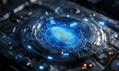 High-tech biometric fingerprint scanner with a glowing blue interface captures a person's identity to ensure secure authentication This advanced technology ensures data protection, Generative AI