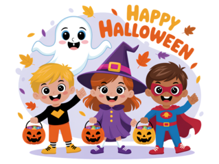 Happy Halloween with kids in costumes and a friendly ghost isolated on a transparent background
