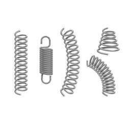 Coiled Metal Springs Set: A collection of sleek metallic springs in various shapes and orientations showcases the versatility of this fundamental mechanical component.