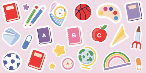 Colorful School Supplies and Education Themed Stickers on a Pink Background