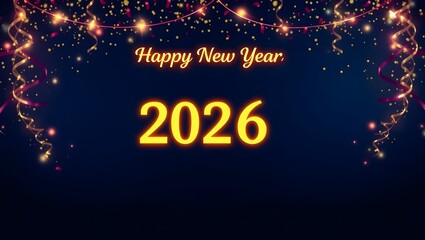 Elegant midnight blue festive backdrop with golden burgundy confetti Happy New Year 2026 glowing greeting