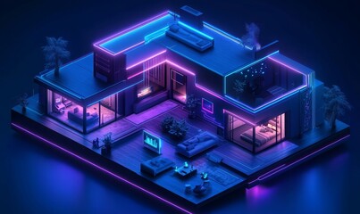 Isometric view of a smart home concept with futuristic design elements Dark tones and neon highlights create a luxurious high-tech atmosphere showcasing the integration of modern, Generative AI