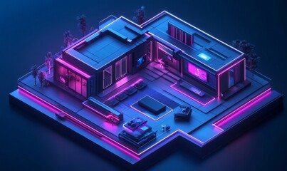 Isometric view of a smart home concept with futuristic design elements Dark tones and neon highlights create a luxurious high-tech atmosphere showcasing the integration of modern, Generative AI