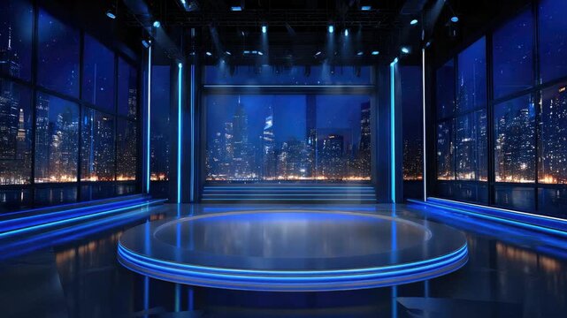 Dynamic News Studio Set with Cityscape Backdrop and Neon Accents