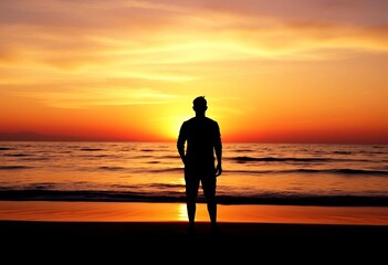 Silhouette of a figure at sunrise on a tranquil beach,  silhouette,  photography