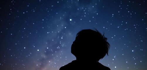 Silhouette of a child's head and shoulders against a night sky, stars visible, night,  kid