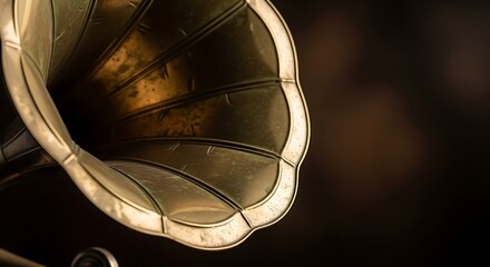 Close up of an antique gramophone horn with copy space for text and design