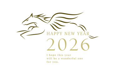 2026年 午年の年賀状デザイン｜シンプルなペガサス(馬)の線画イラスト