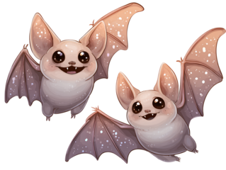 Pair of Adorable Light Colored Cartoon Bats in Flight isolated on a transparent background