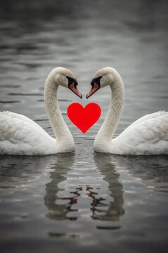 Two white swans forming a heart shape with their necks on the water, symbolizing love and romance