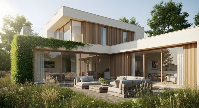 Modern minimalist house exterior with wooden panels, showcasing a sunlit patio and lush greenery, photographed with a wide angle lens in warm natural light.