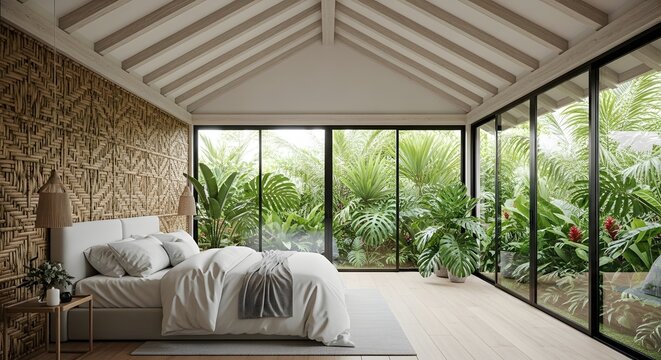 Modern bedroom interior design with a king-size bed, featuring neutral tones and abundant tropical greenery visible through large glass windows, captured in a wide-angle