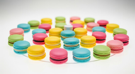 Colorful macarons arranged in a circular pattern on a bright white background, a sweet dessert concept