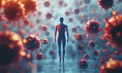 Visual representation of the immune system concept where a shielded human figure stands against floating microbes This metaphor illustrates the 's robust defense mechanisms, Generative AI