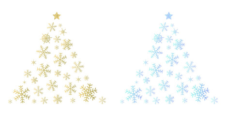 ゴールドとブルーの雪の結晶のクリスマスツリーのイラストセット　背景イラスト　ベクター素材