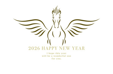 2026年 午年の年賀状デザイン｜シンプルなペガサス(馬)の線画イラスト