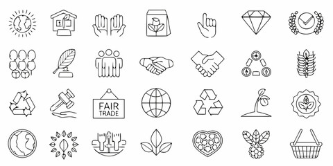 Set of linear icons related to fair trade and sustainable development