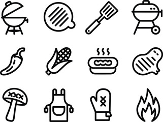 Vector icons of bbq grill food summer picnic cooking meat vegetables outdoor party barbecue equipment