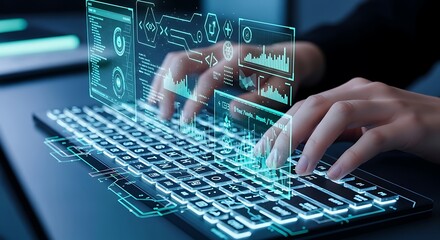 Hands typing on a futuristic glowing keyboard with holographic data interfaces and digital projections, representing advanced computing and innovation.