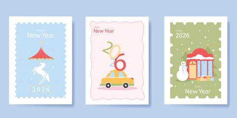 Christmas and Happy Holidays poster vector set. Happy New Year template with carousel, car, snowman, pine tree on blue, pink and green background. Design for card, cover, social media, ads. © babeer