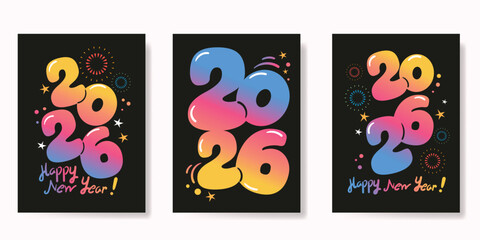 Happy new year 2026 poster vector set. New year celebration with gradient colour number and firework. Hand drawn illustration design for card, cover, print, social media, website, ads.