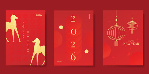 Happy Chinese new year 2026 poster vector set. Year of the horse zodiac template with gold horse and chinese lantern on red background. Design for card, cover, social media, Happy New Year, ads