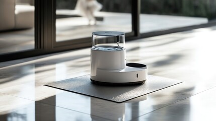 A modern, automated pet feeder and water fountain, sleek in design, placed on a waterproof mat on a clean tiled floor, smart home technology for pets, professional product shot, sharp and clean.
