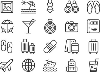 Travel planning essentials icons vector set for vacation trip summer holiday and tourism design