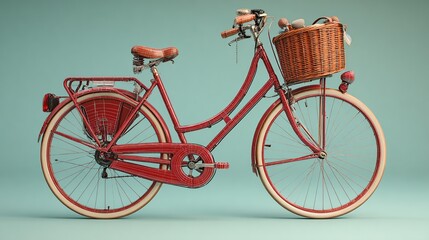 Red bicycle with a wicker basket on a light blue background in studio lighting