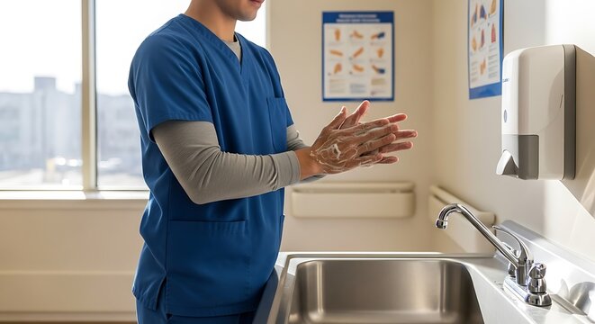 Healthcare worker washing hands at a sink in a hospital or clinic setting.