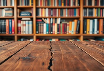 Rustic wooden tabletop against blurred library bookshelf background; ample copy space,  design,  literature