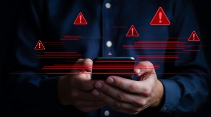 Smartphone security alert virus warning scam detected on mobile phone data breach hacking risk