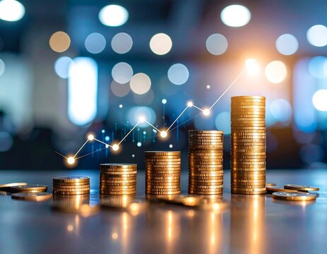 Growing Coin Stacks, Financial Success, Office Setting