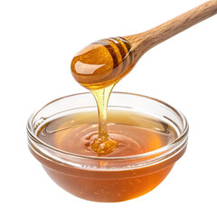 Golden honey dripping from a wooden dipper into a clear glass bowl isolated on transparent background