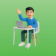 3D illustration of a man using a laptop while waving hello