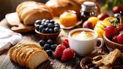 Bread coffee fruit on the table rich breakfast