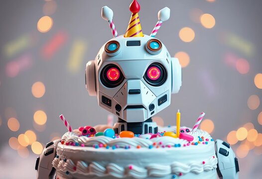 Futuristic robot birthday cake with decorations,  cyborg,   laser - Powered by Adobe