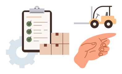 Checklist with completed tasks, stacked cardboard boxes, forklift, gear shape, and pointing hand gesture. Ideal for logistics, planning, inventory, organization teamwork workflow efficiency
