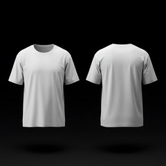 Blank white t-shirt mockup, front and back views, on a black background.