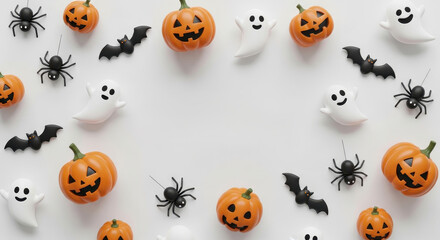 Cute Halloween background with pumpkins bats ghosts 3D render