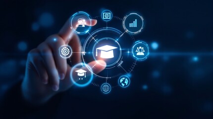 Online learning education technology concept with digital icons and hand touching screen