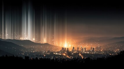 Divine light beams shining on a modern city, god rays symbolizing hope and spirituality. Ideal for religious concepts, disaster recovery, or inspirational background. Dramatic black background.