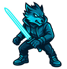 Futuristic Cyberpunk Wolf Mascot with Glowing Sword