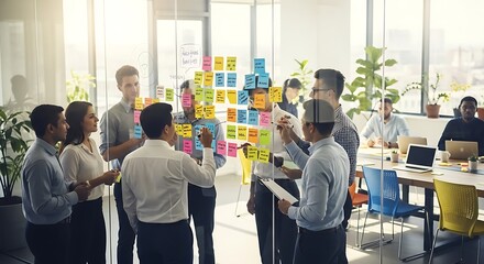 Group of diverse professionals collaborating on a project, brainstorming ideas in a modern office setting.