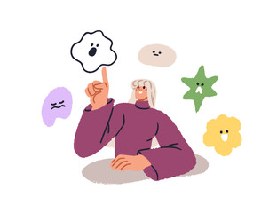 Obraz na płótnie Canvas Emotional intelligence, psychology concept. Woman choosing between different emotions for balance. Feelings control, mood management, regulation. Flat vector illustration isolated on white background