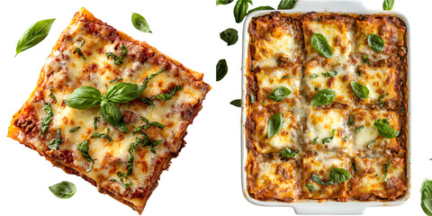  Lasagna with meat and cheese layers topped with fresh basil isolated on a transparent background