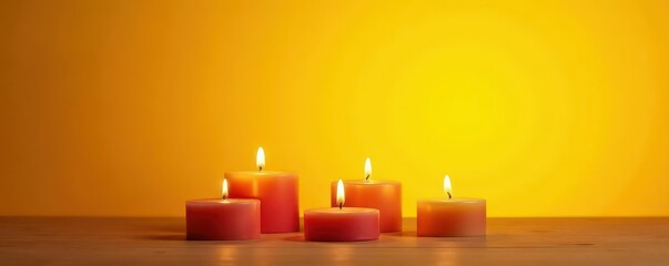 Several candles burn brightly against sunny yellow, warm, light