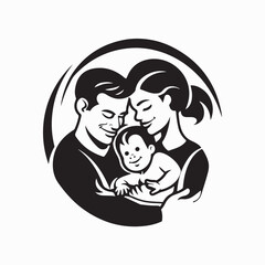 Young Parents and Child Happy Family Stylized Vector Logo Illustration Design