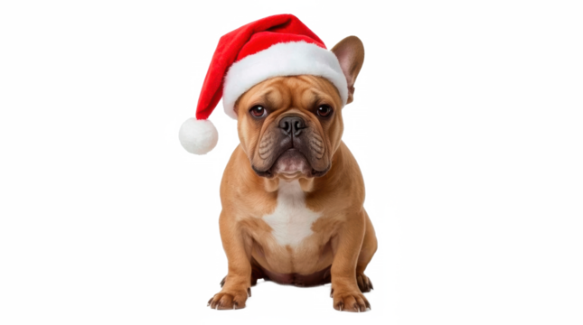 French Bulldog Wearing Santa Hat Isolated on transparent png Background